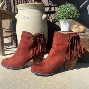 Brown Suede Ankle Booties with Fringe Detail